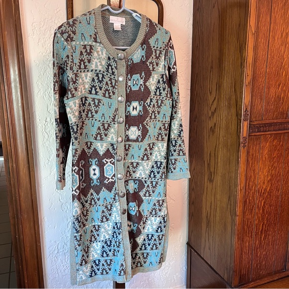Soft Surroundings Tapestry Duster Long Sweater Cardigan Southwest Aztec - Picture 9 of 11